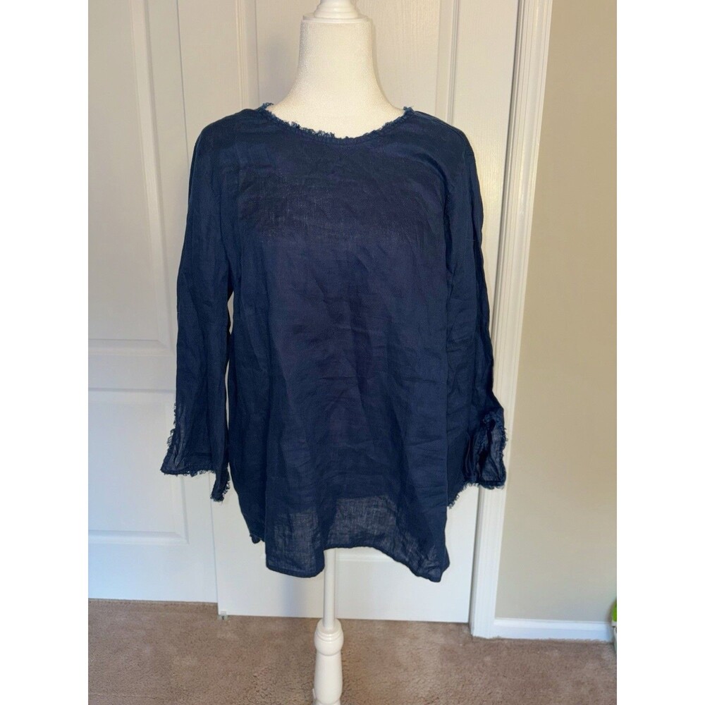 J. Jill Love Linen Navy Blue Lagenlook Fringe-Trimmed Boho Coastal Tunic Top Med
